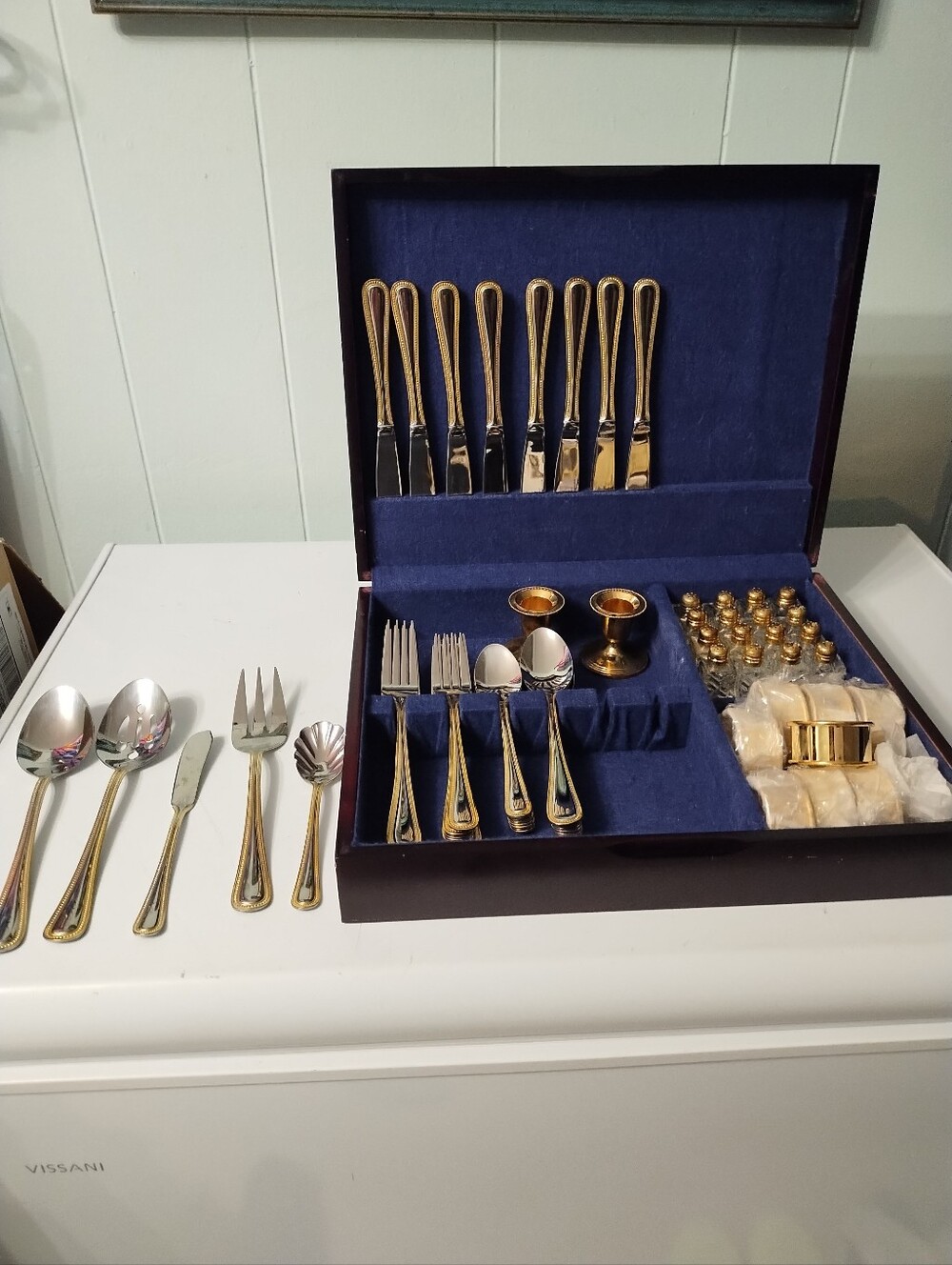 Vintage Gold-Trim Stainless Steel Flatware Set With Salts & Peppers, Napkin Ring